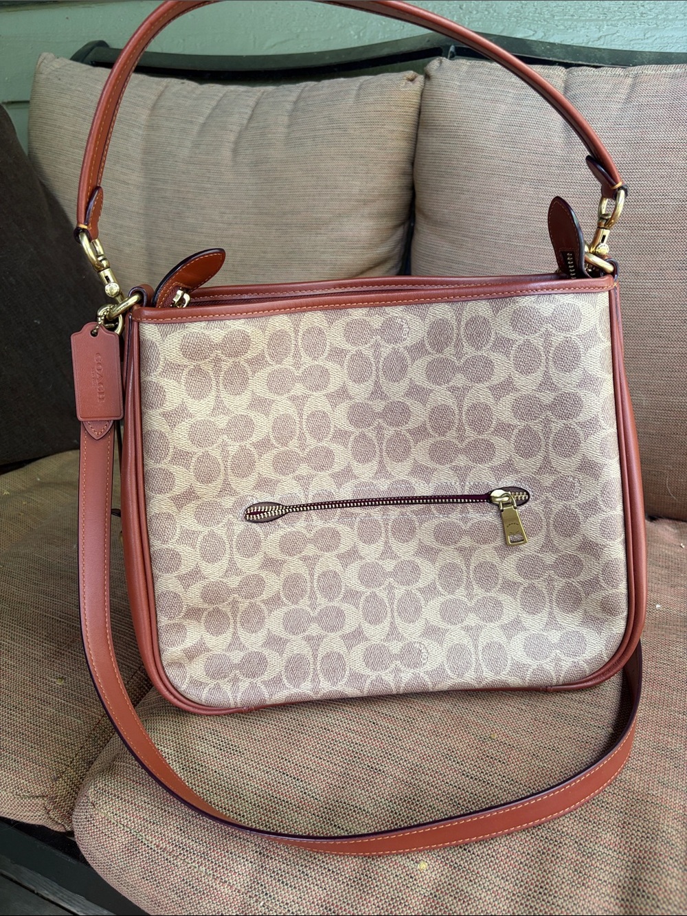 Coach Signature Canvas Shoulder Bag with Rust Trim